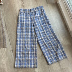 Zara Blue and Beige Plaid Wide-Leg Pants